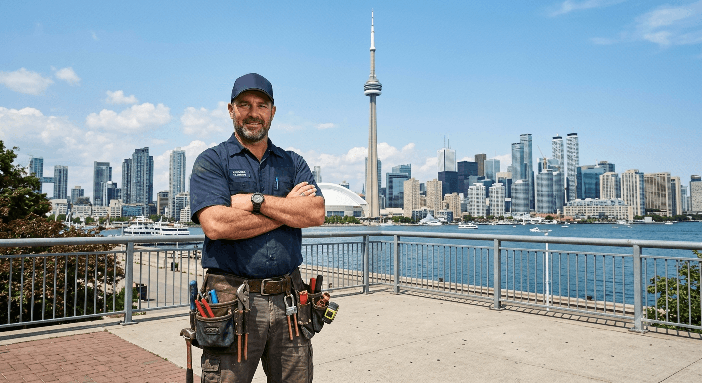 A Drainman plumber standing on the Toronto waterfront with the city skyline and CN Tower behind